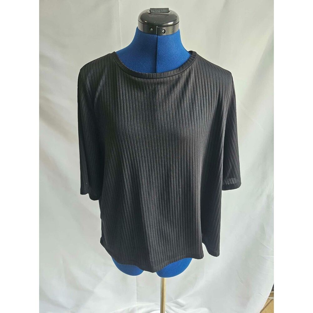 Eloquii Black Ribbed Pleated Short Sleeve Top Plus Size 22/24 Minimalist Office